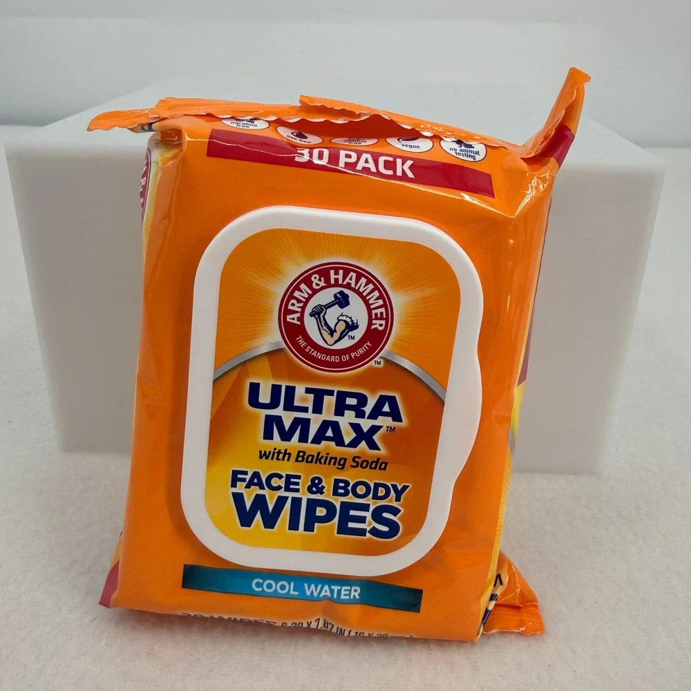 Arm & Hammer Ultra Max Face & Body Wipes Cool Water 30 Count Baking Soda Vegan